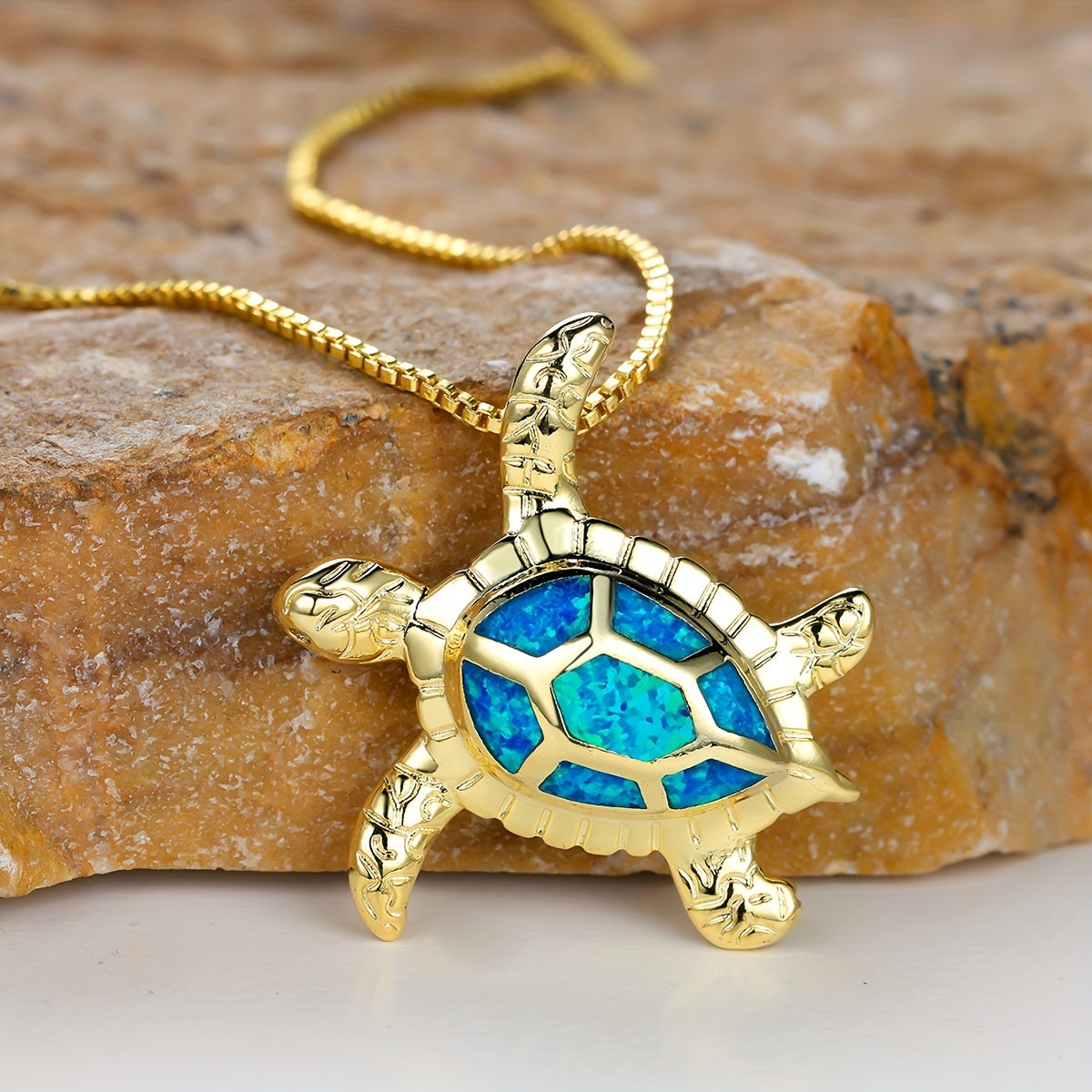 Ocean Turtle Design Pendant Necklace Inlaid Opal, For Summer Beach Seaside Vacation Travel Neck Jewelry Gift