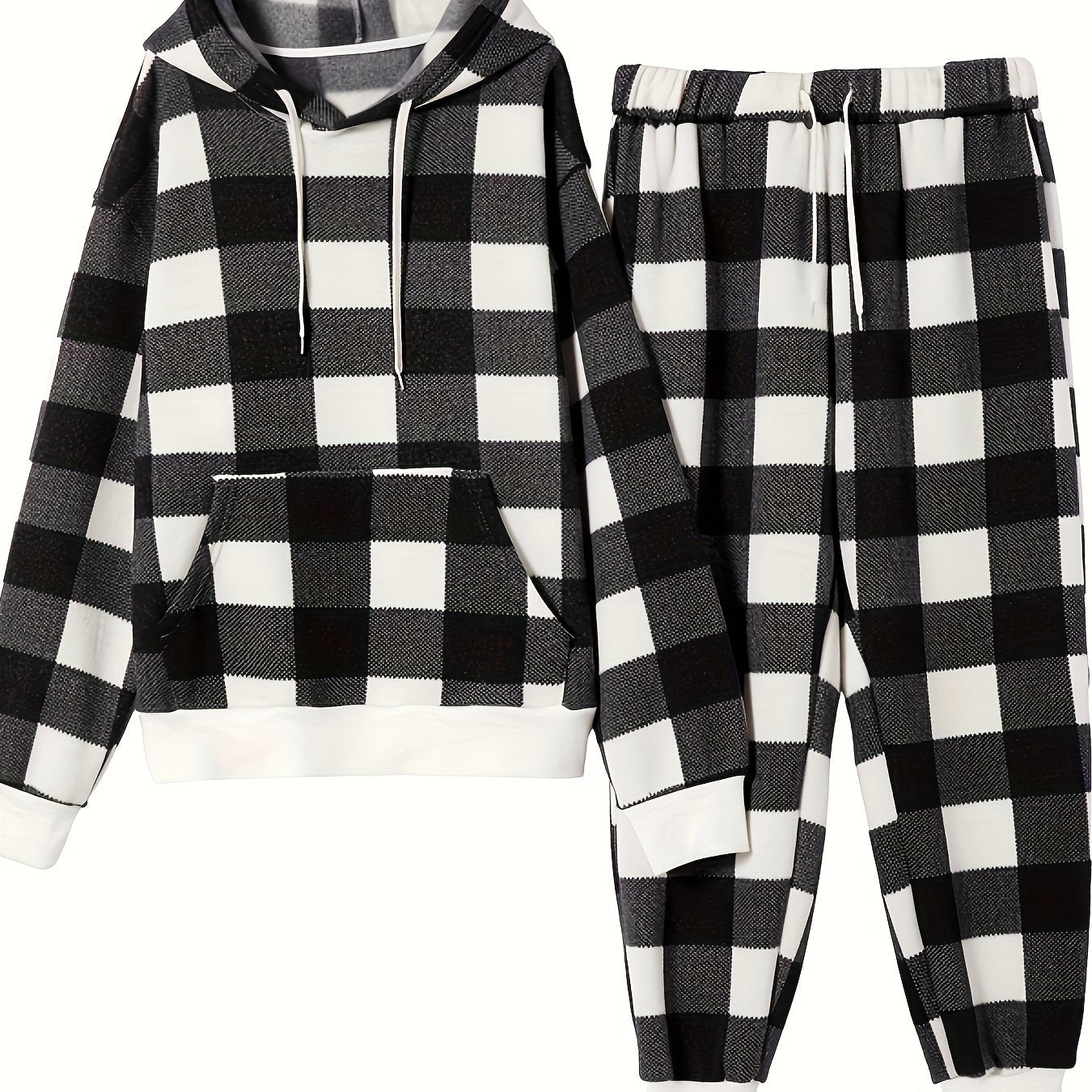 Men's Simple Style Casual Checkered Pajamas Sets, Checkered Hooded Sweatshirt With Kangaroo Pocket Top & Loose Sweatpants Trendy Trousers With Pockets Elastic, Outdoor Sets For Spring Autumn