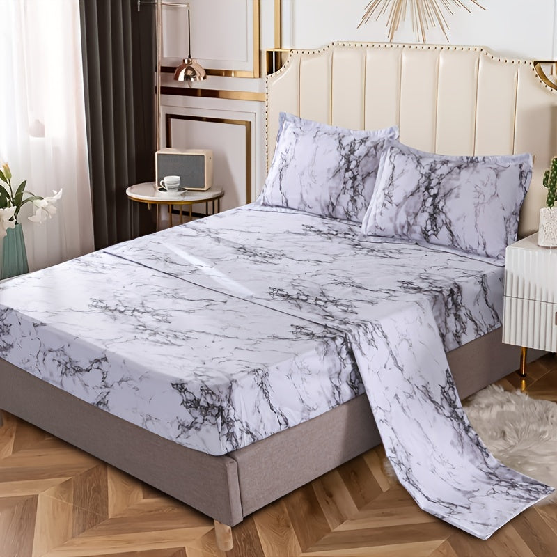 4-Piece Marble Brushed Fitted Sheet Set - Soft, Breathable, and Hypoallergenic Stone Pattern Bedding with Deep Pockets - Luxurious Bedding for Bedroom and Guest Room