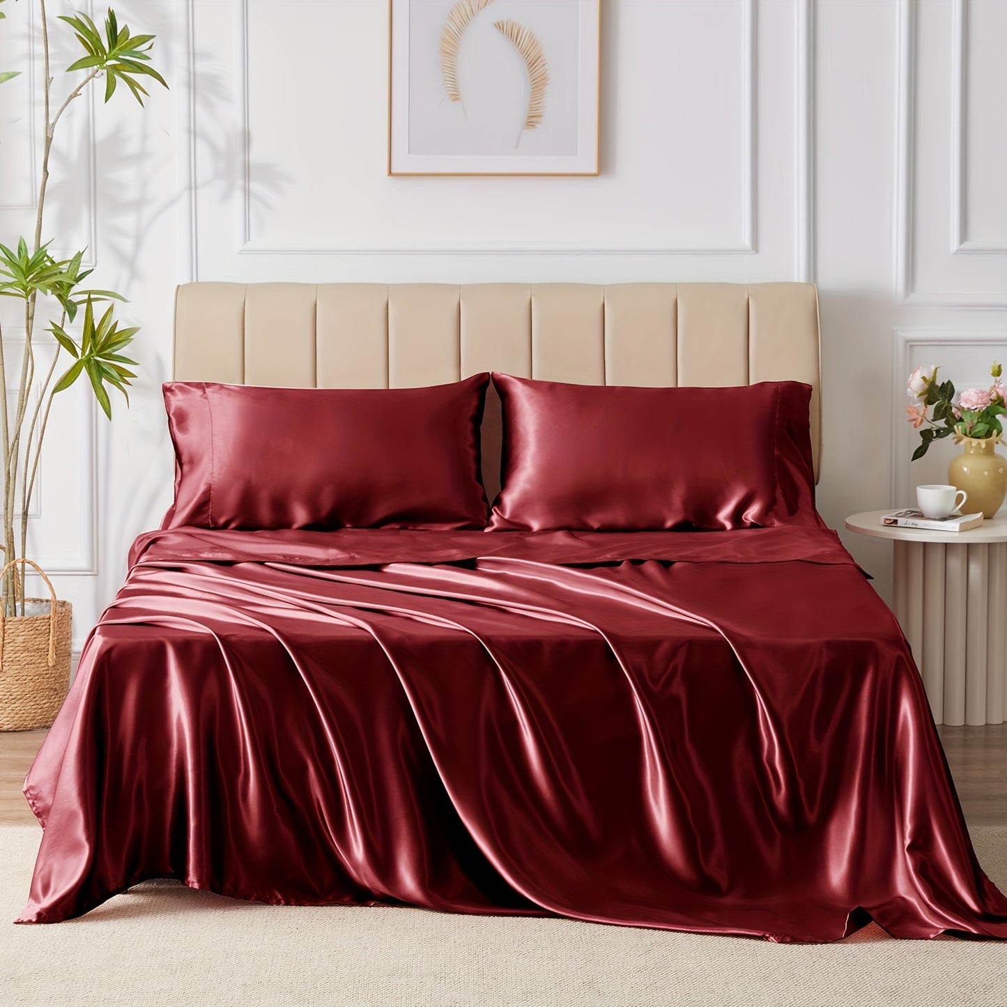 4-Piece Luxurious Satin Sheet Set - Soft, Silky Microfiber, Deep Pocket Fitted Sheet, Flat Sheet, and 2 Pillowcases for Ultimate Comfort and Smoothness - Breathable, Hypoallergenic, and Wrinkle-Resistant Bedding