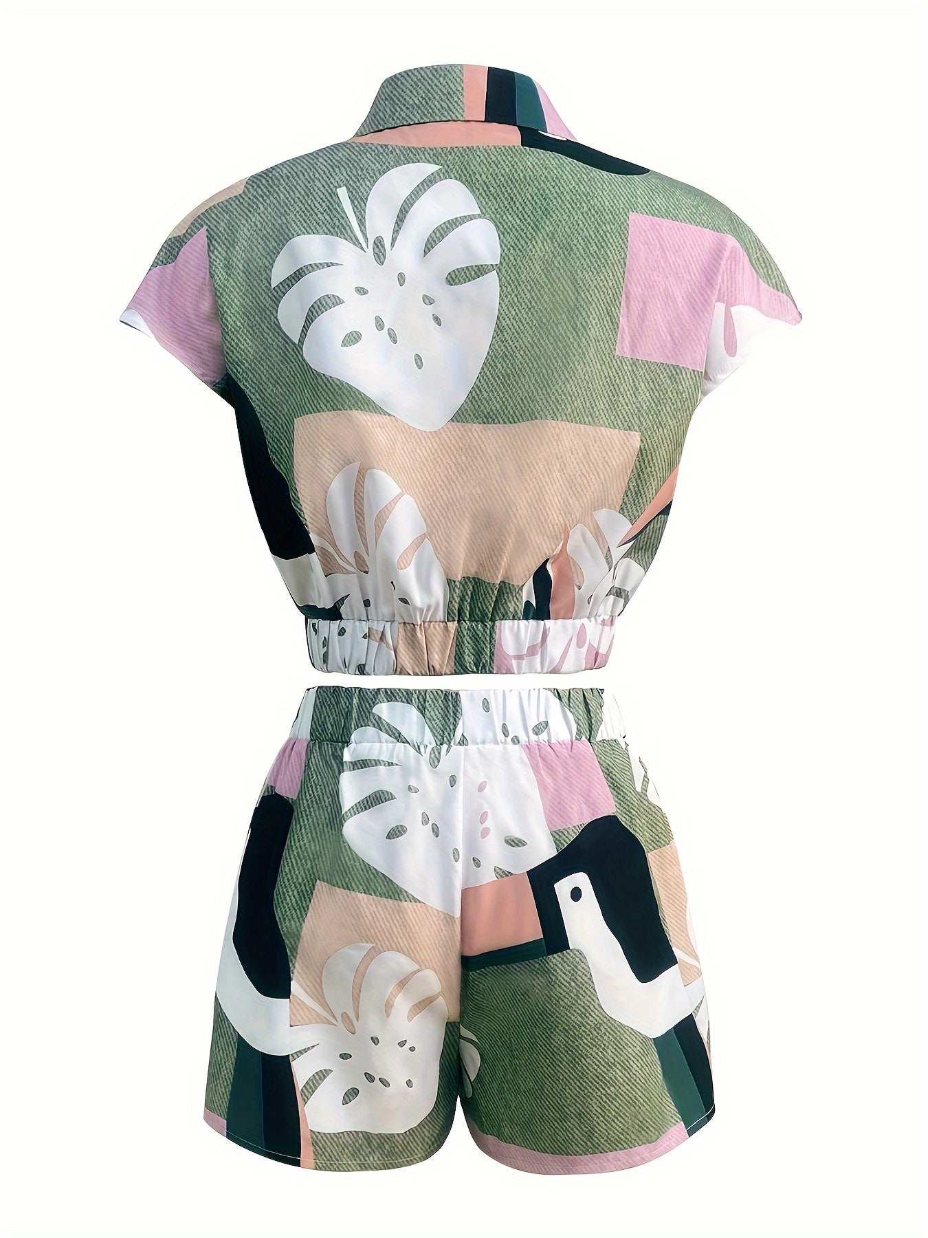 Womens Elegant Colorblock Print Short Set - Lapel Collar, Button-Up Crop Blouse, Elastic Waist Knotted Front Shorts, Polyester Material, Random All Over Print, Woven, Spring/Summer Outfit