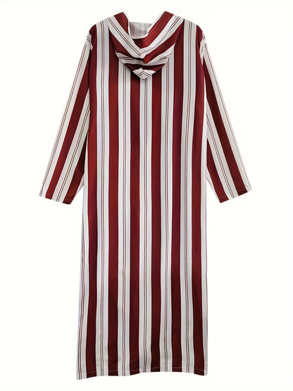 Men's Casual Striped Hoodie Robe - V-Neck, Long Sleeve, Breathable Fabric - Ideal for Lounging & After-Bath Comfort