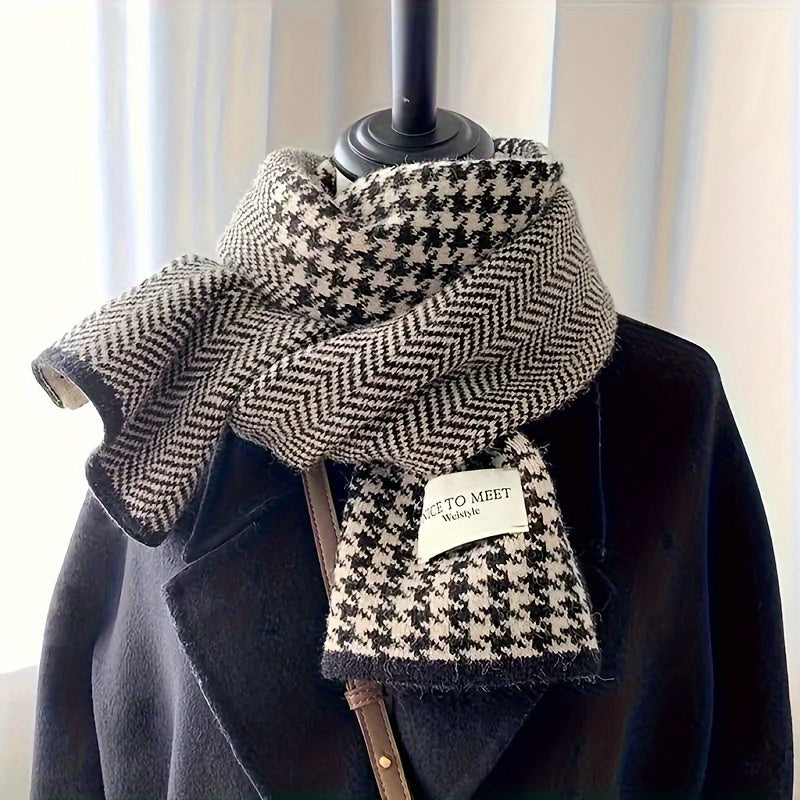 Elegant Black White Hounds Pattern Thick Warm Wavy Striped Scarf, Fashion Winter Cashmere Feeling Cold Scarf