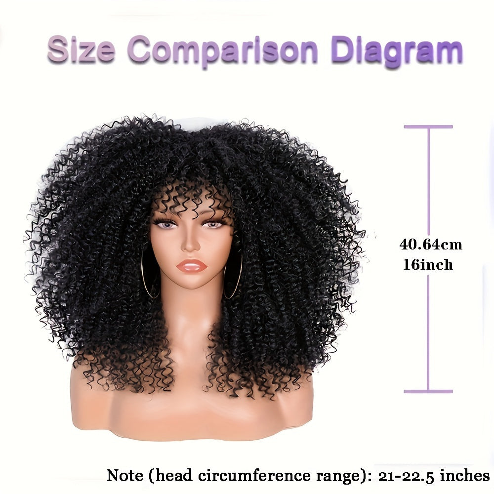 Versatile 16-Inch Afro Kinky Curly Wig | Comfort Fit with Bangs | Unisex, Easy Maintenance for Daily Wear & Cosplay