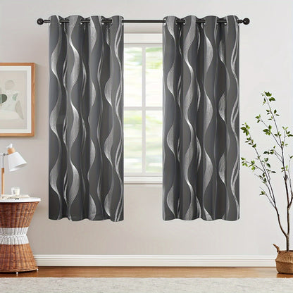 2PCS Luxurious Blackout Curtains with Grommet Top - Thermal Insulated, Noise Reducing, High Precision Bronzing Striped Wave Pattern for All-Season Room Darkening - Polyester Drapes for Bedroom and Living Room with Easy Installation