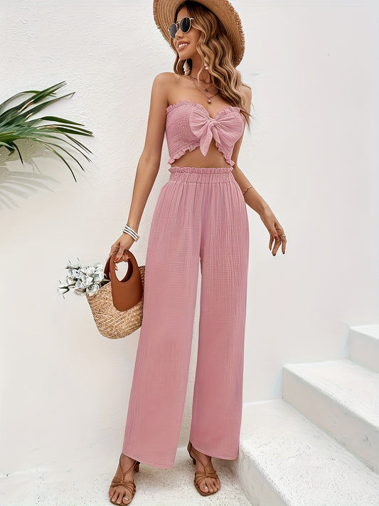 Chic Womens Vacation Outfit Set - Luxurious Textured Pants with Bow Accent & Ruffle Trim Crop Tube Top, Paper Bag Waist Straight Leg Pants - A Trendy Wardrobe Essential for Style-Savvy Ladies