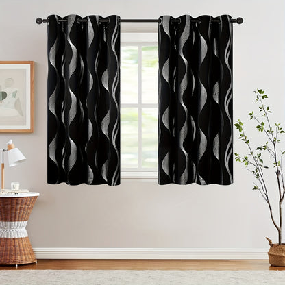 2PCS Luxurious Blackout Curtains with Grommet Top - Thermal Insulated, Noise Reducing, High Precision Bronzing Striped Wave Pattern for All-Season Room Darkening - Polyester Drapes for Bedroom and Living Room with Easy Installation