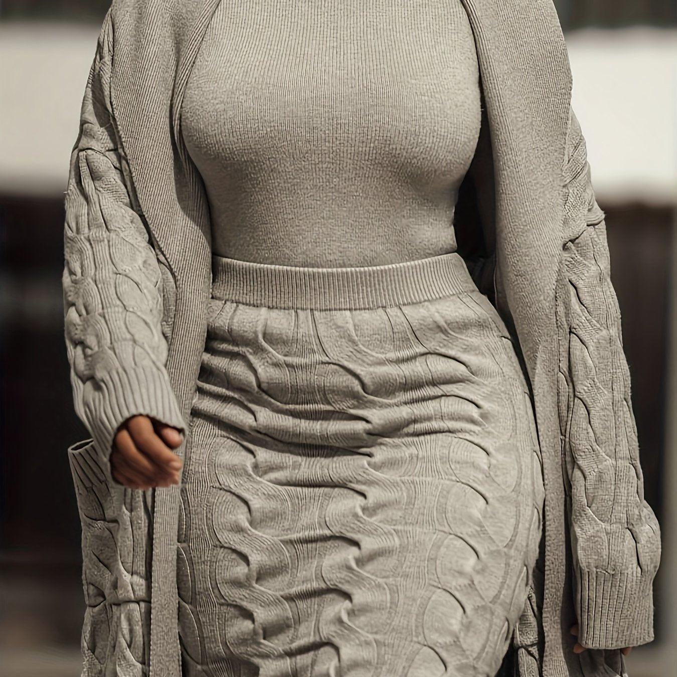 Chic Two-Piece Knit Set for Women - Open Front Pocketed Cardigan & Sleek Turtleneck Sweater with High-Waist Skirt, Perfect for Work & Casual Outings