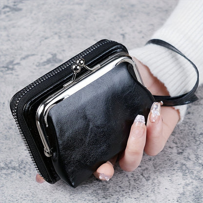 Mini Retro Clutch Coin Purse, Solid Color Kiss-Lock An D Zipper Layer Wallet, Faux Leather Purse