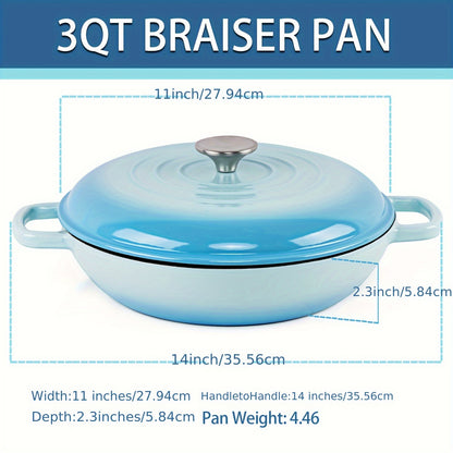 1pc 3qt Cast Iron Enameled Braiser Pan, 11 Inch, No Coating, Versatile For Gas, Oven & Grill, Smooth Surface, Multi-Use Pot For Various Stovetops