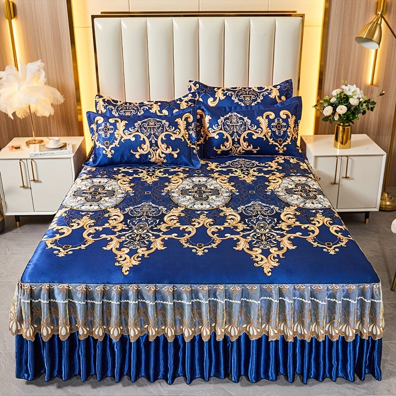 2PCS/3PCS New Full Lace Hem Bed Skirt, Jacquard Ice Silk Mat, Softness and Comfort, Folding, Machine Wash, Mattress Cover, Bedding Set, Bedroom Guest Room Bedding, Single, Double, Multiple Sizes(1PC Bed Skirt + 1PC/2PCS Pillowcases, Without Core)