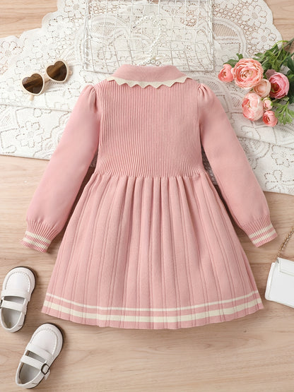 Stretchy & Comfy Long Sleeve Collar Butterfly Decor Preppy Style Dress for Girls Kids