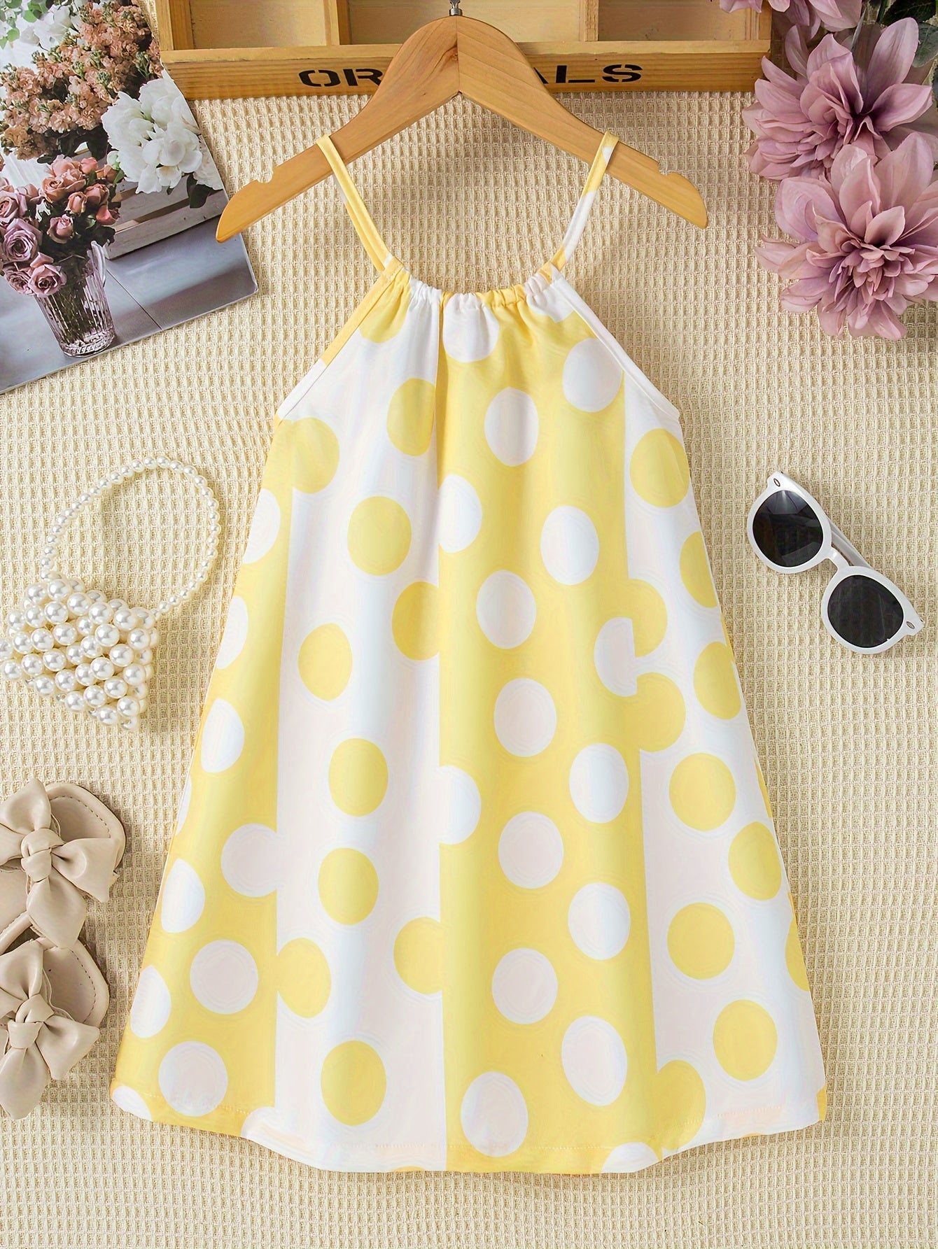 Girls Charming Polka Dot Summer Dress - Chic Thin Straps, Sleeveless, Vibrant Print, Regular Fit, Knee-Length - Ideal for Stylish Casual Outings