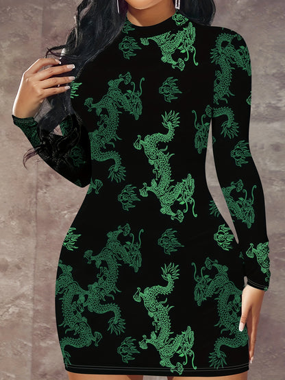 Dragon Print Mock Neck Dress, Elegant Long Sleeve Bodycon Dress For Spring, Women's Clothing