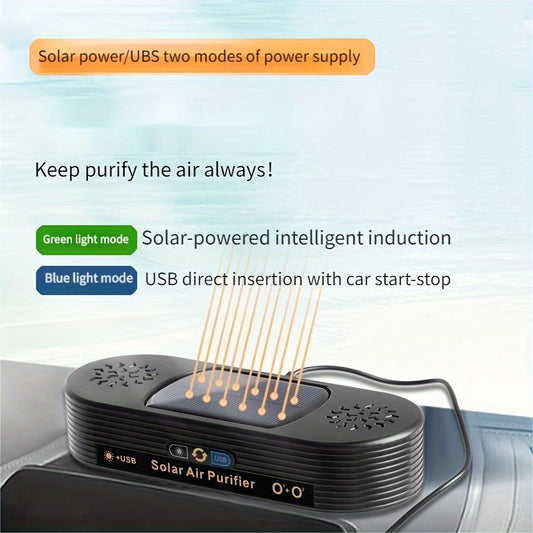 Dual-Core Solar Car Air Purifier with Negative Ion and Ozone Purification, ABS Material, ≤36V Operating Voltage, USB/Solar Powered, Eliminates Smoke, Formaldehyde, Volatile Compounds, and Odors