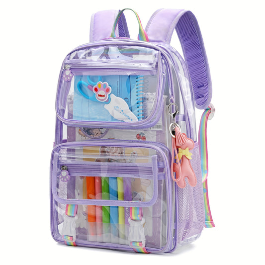 Clear Backpack for Girls Cute Transparent Heavy Duty Kid School Book Bags with Reinforced Padded Straps and Complimentary Gift (purple)