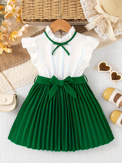 Fashionable Girls Bow Strapped Dress with Ruffle Trim - Adorable Splicing Design for Comfortable Summer Holidays & Parties - A Perfect Gift Idea