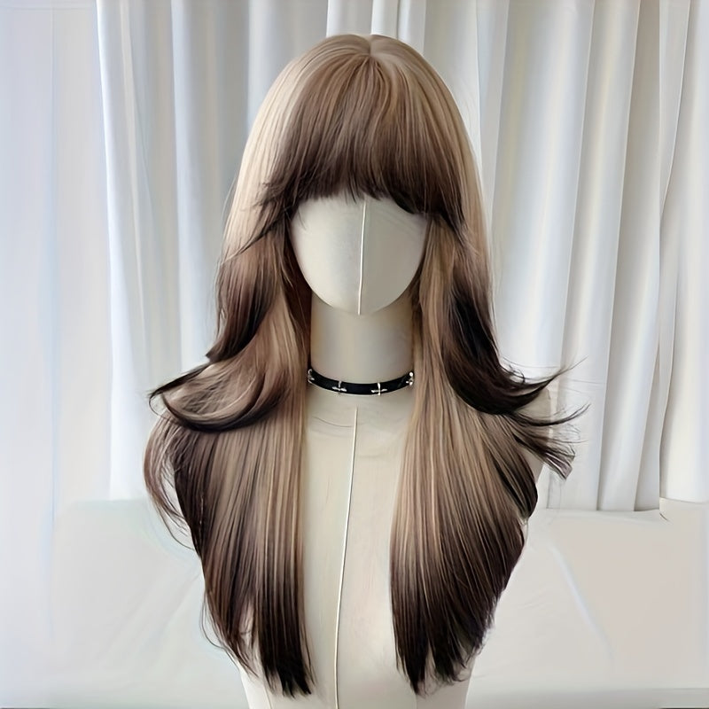 Women's Long Straight Hair Wig with Bangs - High Temperature Fiber, Rose Net Cap, Party Style, Suitable for All People - Gradient Golden to Black