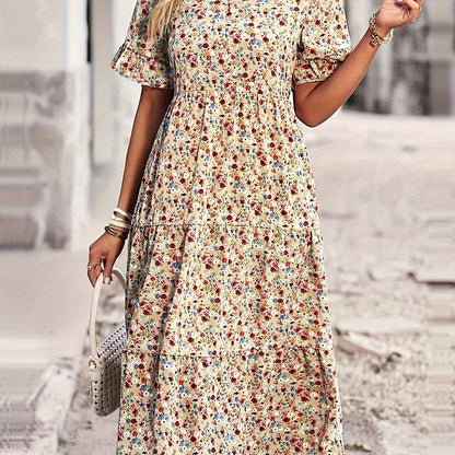 Plus Size Charming Ditsy Print Smock Dress - Flattering V Neck, Short Sleeves, Flowy Midi Length - Fashionable Casual Style for Women