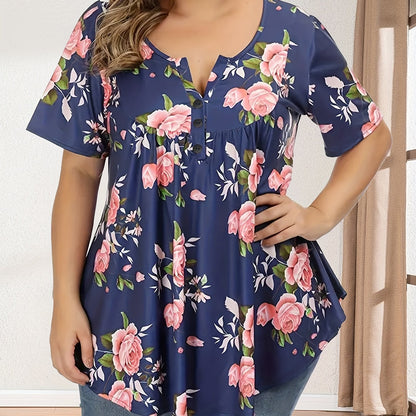 Plus Size Womens Floral Print Polo Collar Short Sleeve Casual Blouse - Button Front, Non-Stretch Polyester, Round Neck, Random Print, Summer Top - Easy Wear, Relaxed Fit, Classic Style