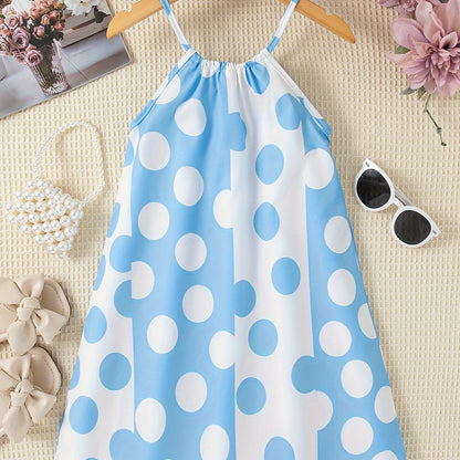 Girls Charming Polka Dot Summer Dress - Chic Thin Straps, Sleeveless, Vibrant Print, Regular Fit, Knee-Length - Ideal for Stylish Casual Outings