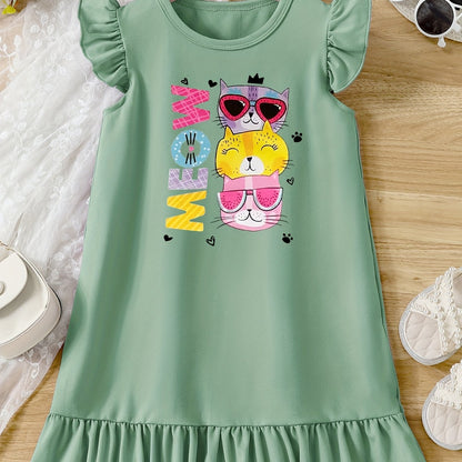 Casual Cartoon Cat Ruffle Trim Crew Neck Dress for Girls - Vibrant Graphic Print, Flying Sleeve, Trendy Summer Outfit - Fun and Playful Design for Little Fashionistas