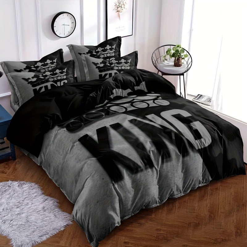 3-Piece Gray and Black King Pattern Soft Brushed Microfiber Duvet Cover Set - Luxurious, Hypoallergenic, and Breathable Bedding for Bedroom, Guest Room, and Dorm Decoration - Easy Care, Wrinkle-Resistant, and Fade-Proof