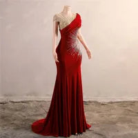 New Arrival Red Formal Evening Dresses  Sheer Cap Sleeve Beadings Sequins Long Party Prom Gowns For New Years Dress BM3508