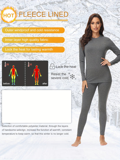 Winter-Ready Women's Thermal Set: Cozy Fleece-Lined, Stretchable, Easy-Care Top & Bottom - Non-Sheer & Stylish Long Johns