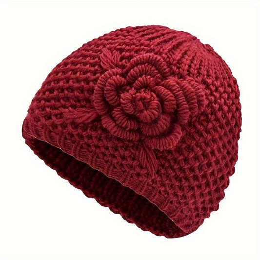 Chic Vintage Flower Beanie - Solid Color, Elastic Knit, Breathable Comfort - Soft Warm Skull Cap for Fashion-Forward Women