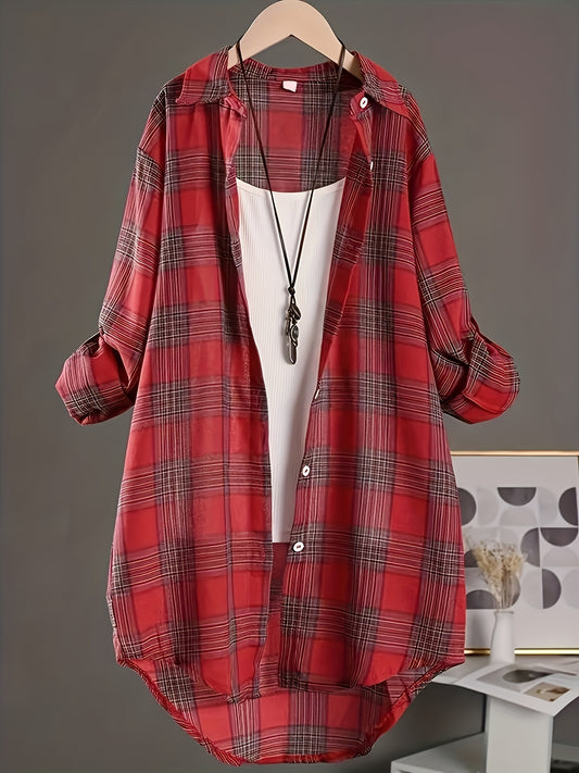 Plus Size Womens Casual Plaid Shirt - Lapel Collar, Dipped Hem, Non-Stretch Cotton, Semi-Sheer, Long Sleeve, Button Front, Woven, Perfect for All Seasons