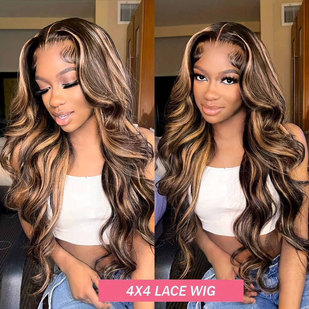 Blonde Highlight body Wave HD 4x4 Lace Closure Human Hair Wig Lace Front Human Hair Wig  Women High Gloss Glueless 4/27 Wig For Women