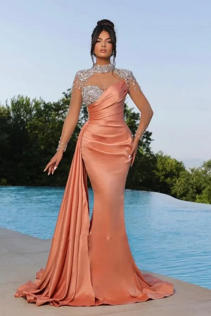 Elegant Orange Pink Long Mermaid Evening Dresses Sheer Beads Appliques High Neck Satin Pleats Ruffles Long Formal Prom Dresses with long sleeves