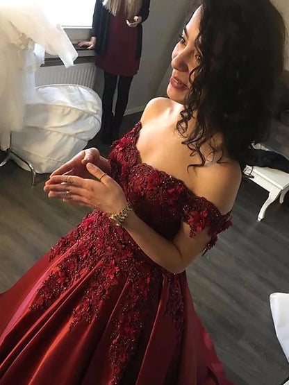 Elegant Off Shoulder Evening Dresses Dark Blue Burgundy A Line Appliques Beads Formal Party Gowns Women Prom Quinceanera Robes de soriee Corset Back Bc16892