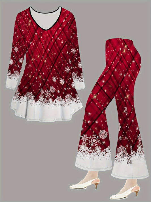 Elegant Special Series Women's Christmas Set - Casual Polyester Knit Fabric, V-Neck Long Sleeve Top with Flared Pants, Festive Red Plaid Snowflake Print