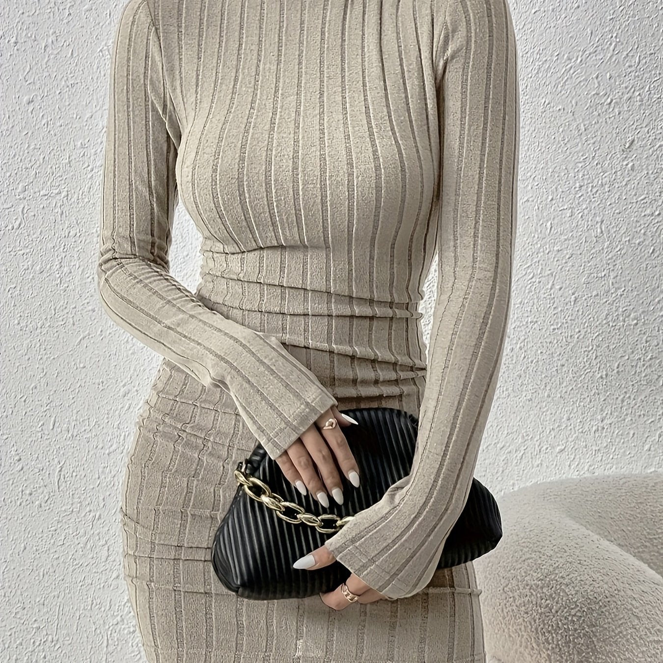 Mock Neck Bodycon Knit Dress, Elegant Solid Long Sleeve Dress, Women's Clothing