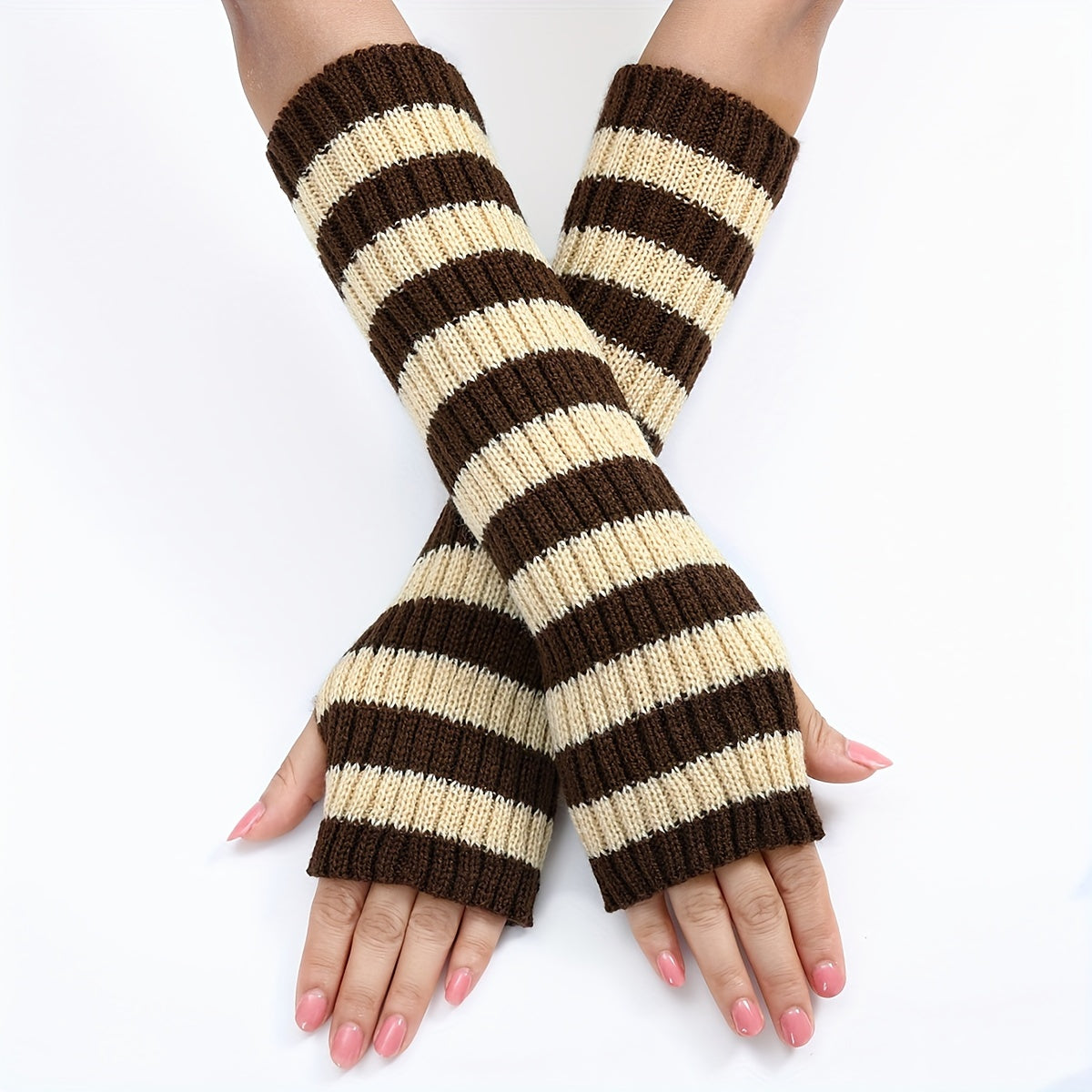 Long Thermal Striped Knit Gloves - Soft Elastic Cuff, Warm Arm Coverage, Fingerless Coldproof Design for Unisex - Perfect for Autumn and Winter Seasons