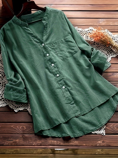 Plus Size Chic Button-Up Blouse - Long Sleeve, Notched Neck & Asymmetrical Hem - Versatile Casual Top