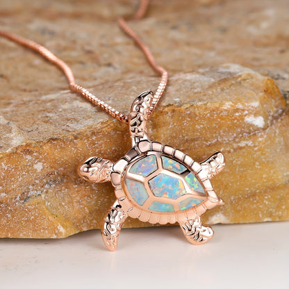 Ocean Turtle Design Pendant Necklace Inlaid Opal, For Summer Beach Seaside Vacation Travel Neck Jewelry Gift