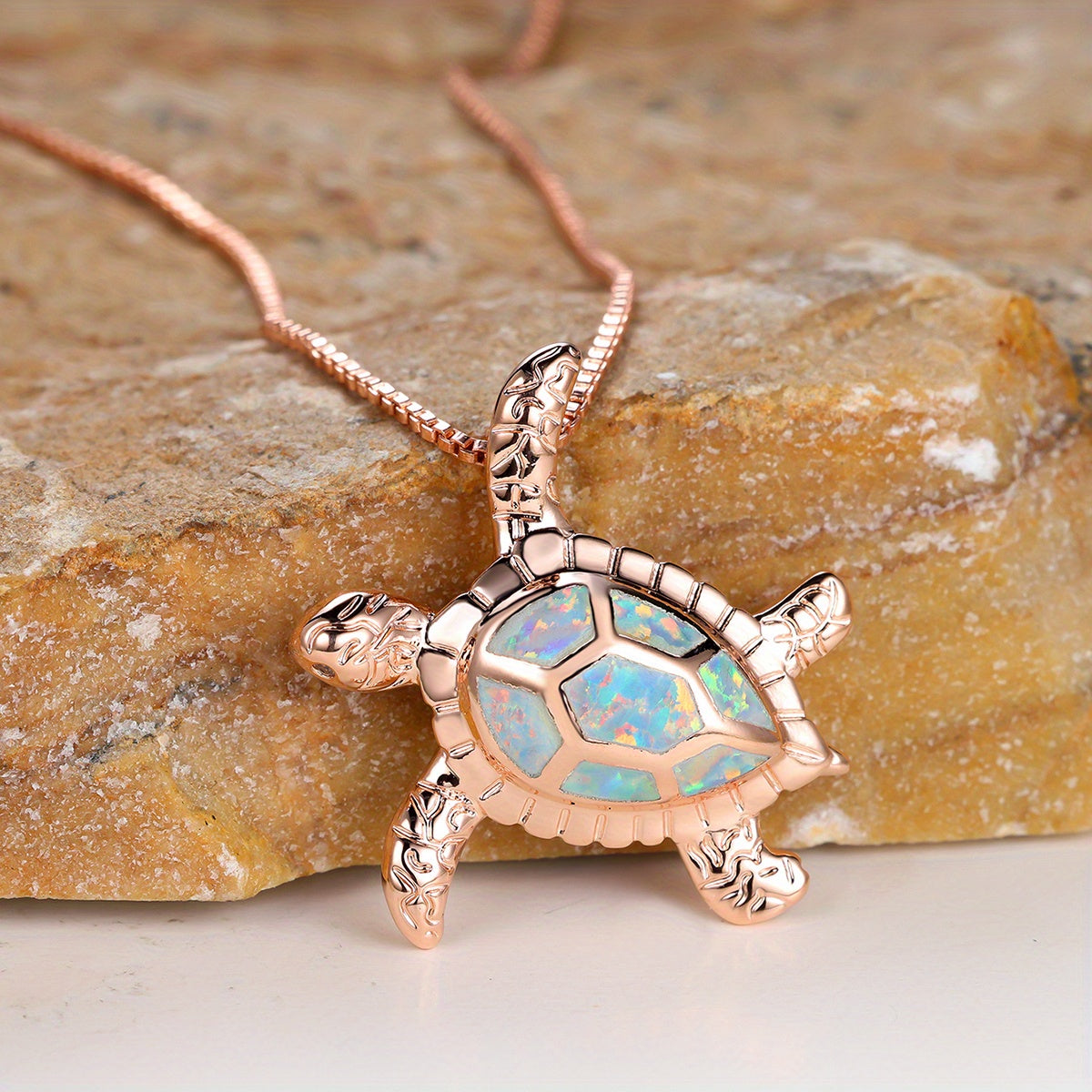 Ocean Turtle Design Pendant Necklace Inlaid Opal, For Summer Beach Seaside Vacation Travel Neck Jewelry Gift