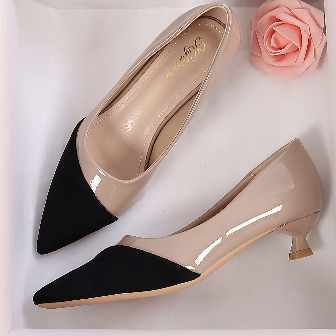 Elegant Women's Mid Heel Pumps: Contrast Pointed Toe, Chic Slip-On, Versatile Flare Heel for All-Season Wear