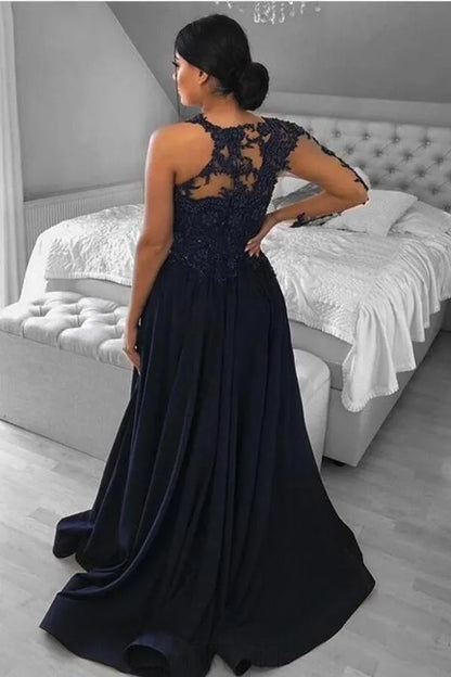 Elegant Navy Blue Lace Chiffon Evening Dresses With Front Split A Line Appliques Jewel Neck Sheer Long Sleeve Prom Gowns Bridesmaid Dresses BC12339