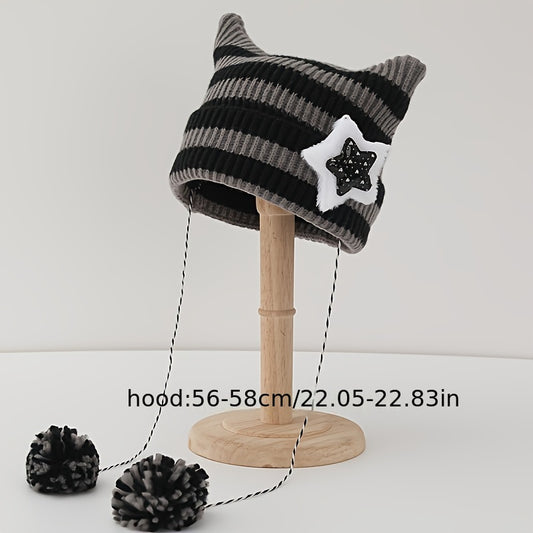 Adorable Whimsical Crochet Cat Beanie Hat with Ears - Soft, Warm, Trendy Pom Pom Decor, Elastic Knit, One-Size-Fits-Most, Y2K Inspired, Pom Pom Accents, Cozy Skull Cap for Women - Perfect for Cold Weather, Casual Outings, and Fashion Statements