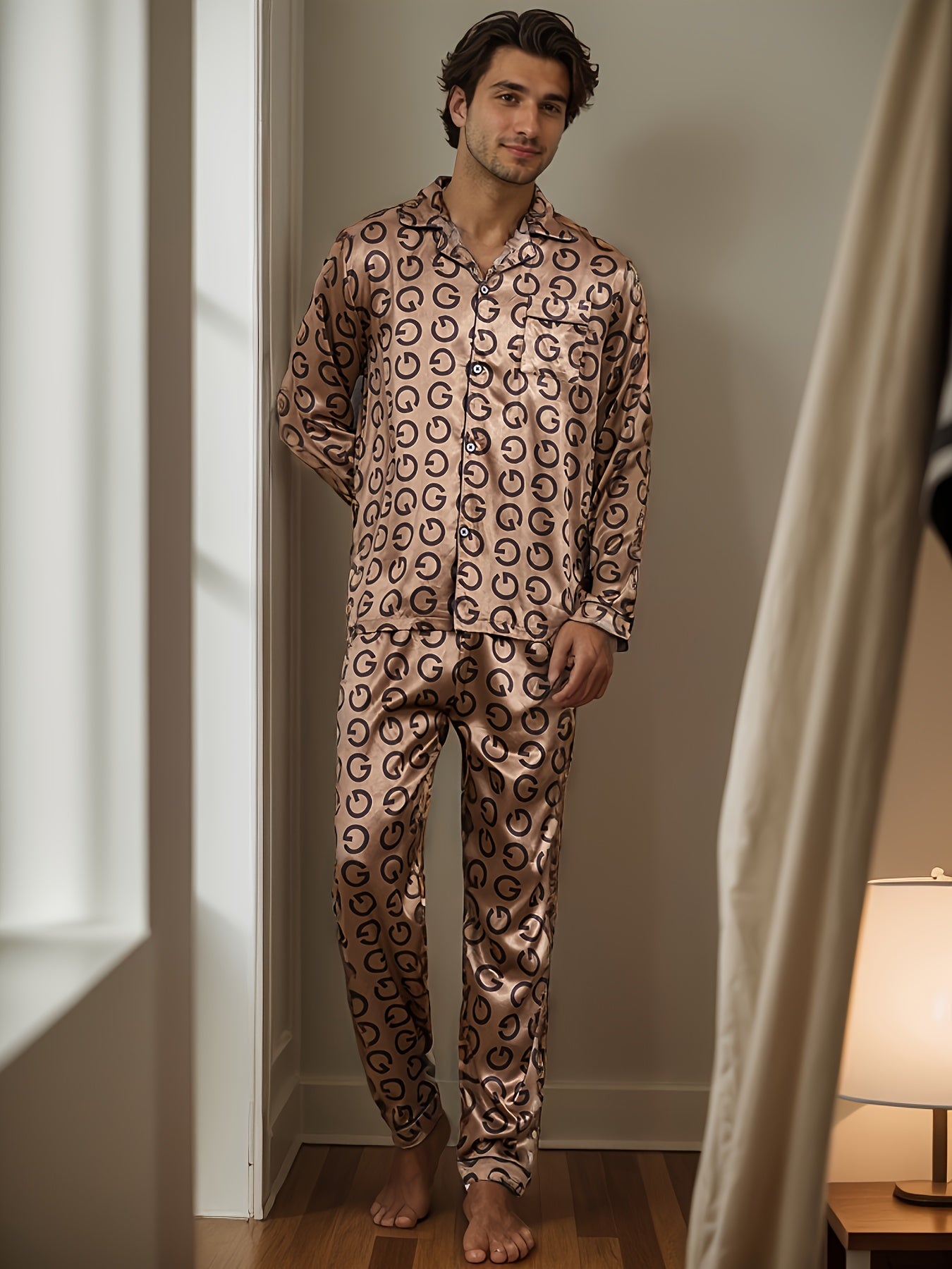 2 Pcs Men's Silky Trendy Geometric Print Open Front Long Sleeve & Trousers Pajama Sets, Comfortable & Skin-friendly Style Pajamas For Men's Cozy Loungewear