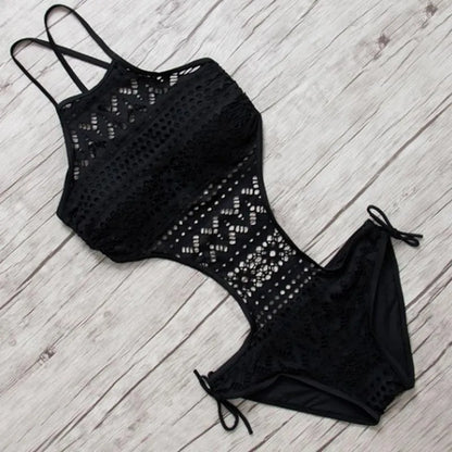 Fashion Sexy Lace Hollowed-Out Bikini Crochet Bikini Bathing Suit Womens Swimwear Sexy One Piece Swimsuit Backless Halter Beach Black Swimming For Women