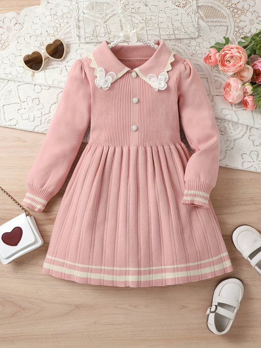 Stretchy & Comfy Long Sleeve Collar Butterfly Decor Preppy Style Dress for Girls Kids