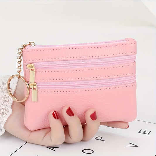 Mini Solid Color Zipper Wallet, Minimalist Textured Coin Purse, Versatile Lightweight Card Bag For Women