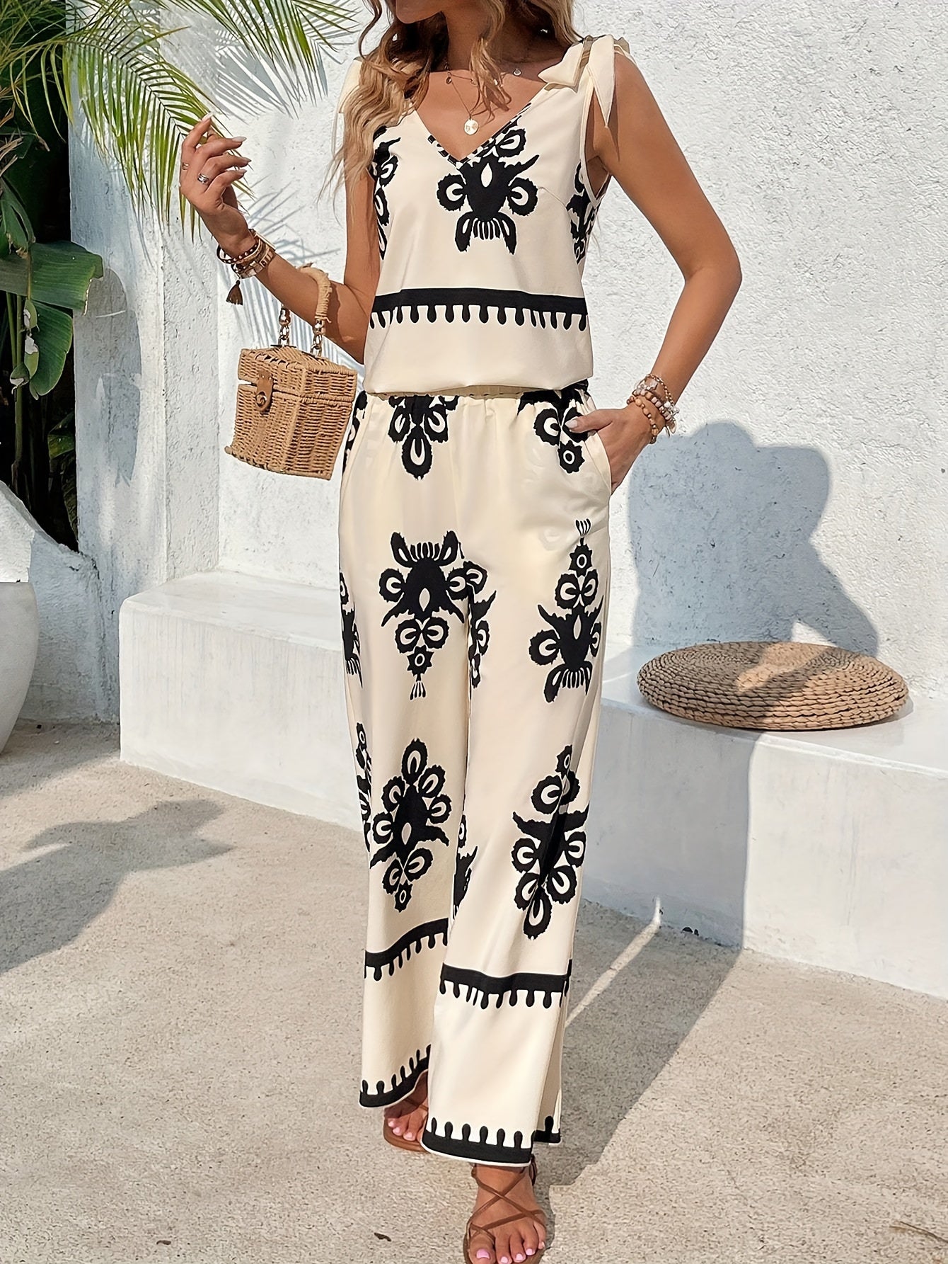 Tribal Print Pantsuit Outfit - Chic Knot Strap, Flattering V Neck, Sultry Backless Tank Top, Flowy Wide Leg, Convenient Pocket Pants - Stylish Womens Clothing for Fashion-Conscious Individuals