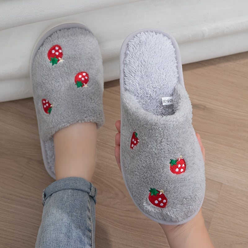 Cozy Strawberry Embroidered Women's Slippers - Soft Sole, Plush Lining For Indoor Comfort, Perfect For Fall & Winter