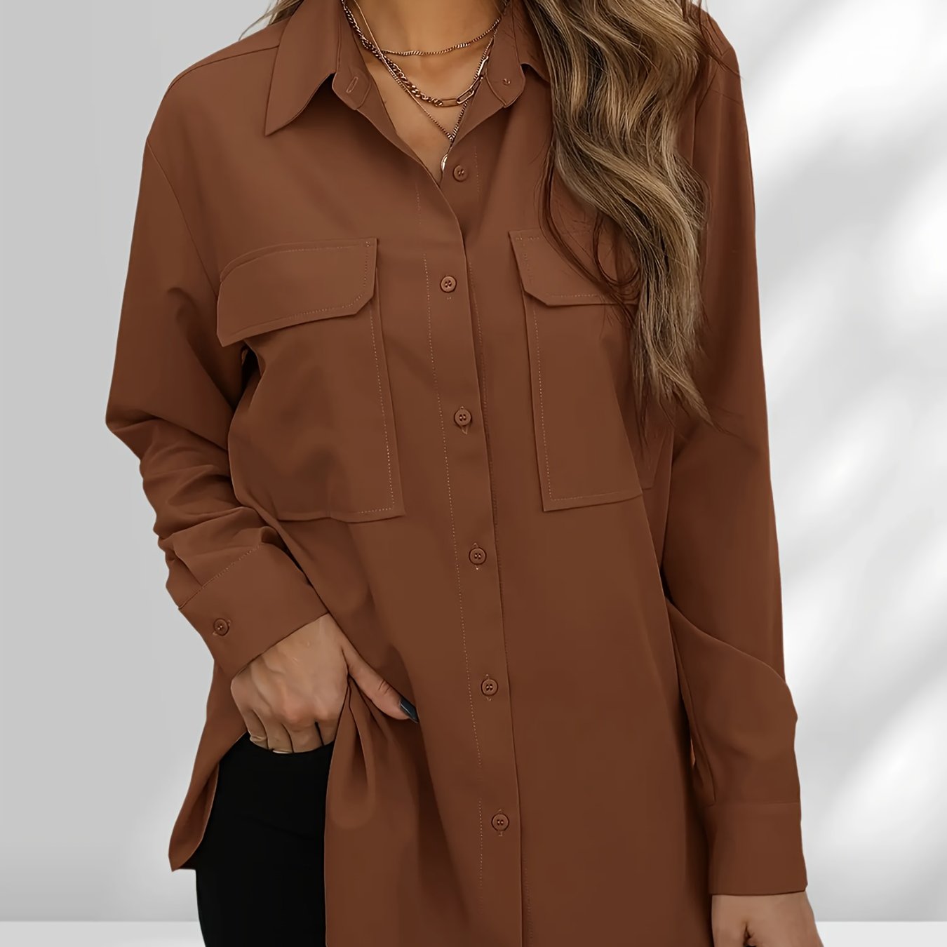 Plus Size Casual Blouse, Women's Plus Solid Button Up Long Sleeve Turn Down Collar Blouse With Pockets